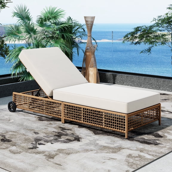 FFZ Outdoor Lounge Chair with 5-Position Backrest, Wheels and Cushion, Natural+Beige