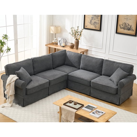 FFZ 5-Seat Modular Sectional Sofa with Rolled Arms and Linen Fabric, 94 x 94 x 36.5 inch, Dark Gray