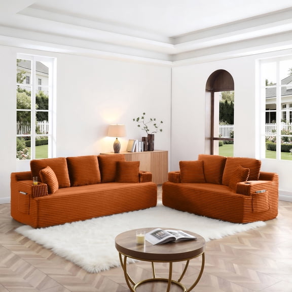 FFZ 5-Seater Boneless Sofa Couch with Cup Holder and Side Pocket, Corduroy Fabric, Orange