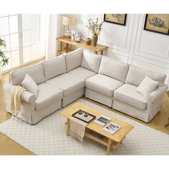 FFZ 5-Seat Modular Sectional Sofa with Rolled Arms and Linen Fabric, 94 x 94 x 36.5 inch, Beige