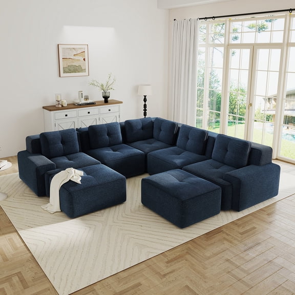 FFZ 5-Seater V-Shaped Sectional Sofa with 2 Movable Ottomans and Corduroy Fabric, Blue