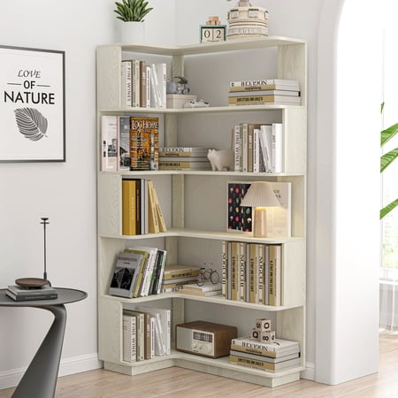FFZ 5-Tier L-Shaped Corner Bookshelf with Anti-Drop Panel & Anti-Tipping Device, 35.43" Extended, White