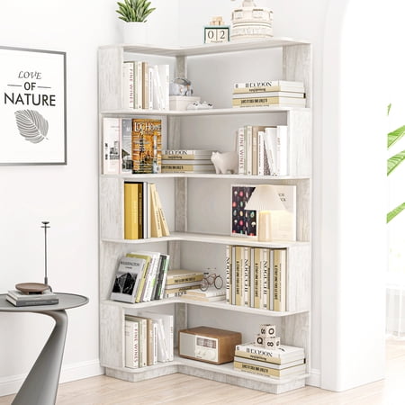 FFZ 5-Tier L-Shaped Corner Bookshelf with Anti-Drop Panel and Anti-Tipping Device, 35.43, Light Gray