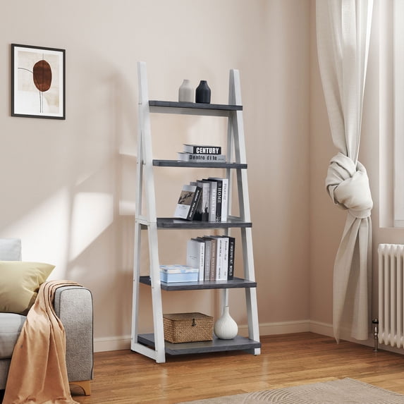 FFZ 5-Tier Shelves Bookshelf Storage Rack Bookcase Rubber Wood Frame Ladder Living Room Office