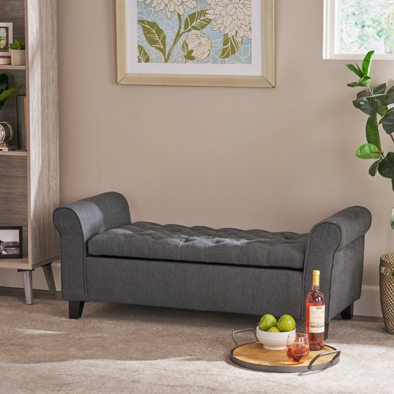 FFZ 50"L Armed Storage Bench with Rolled Arms and Button Tufting, Gray