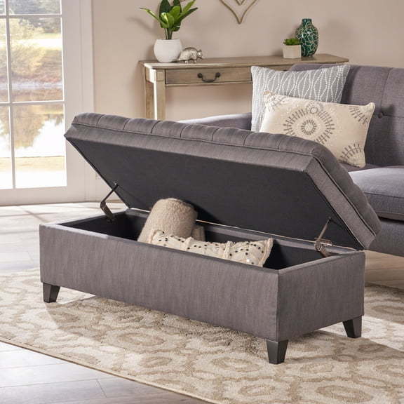 FFZ 50"L Juliana Storage Ottoman with Fabric Upholstery and Hidden Storage, Gray