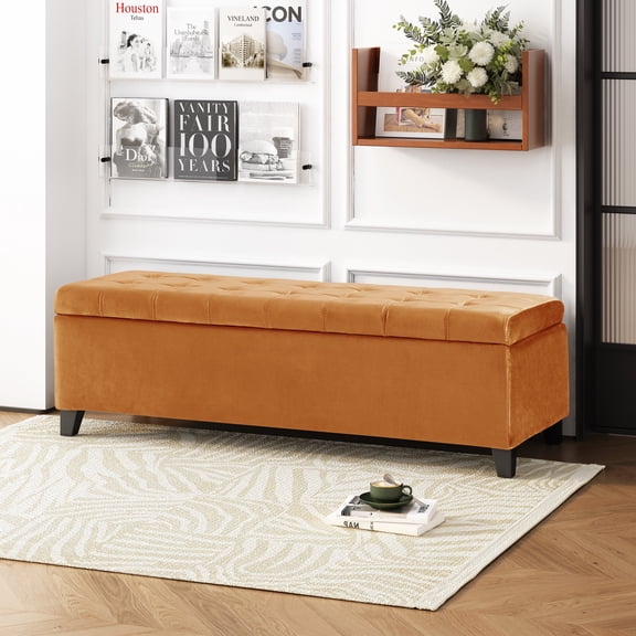 FFZ 50"L Rectangular Storage Ottoman Bench with Birch Wood Legs, Burnt Orange