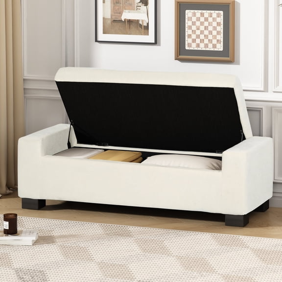 FFZ 50"L Rectangular Storage Ottoman Bench with Hinged Lid and Birch Wood Legs, White