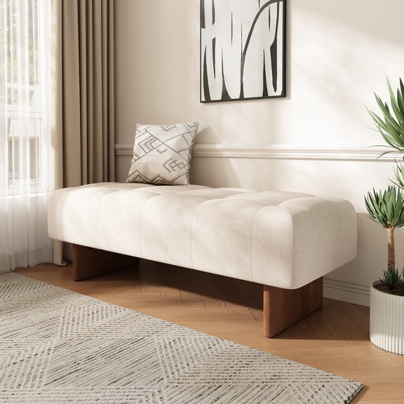 FFZ 50"L Rectangular Tufted Linen Blend Ottoman Bench with Rubber Wood Legs, Beige