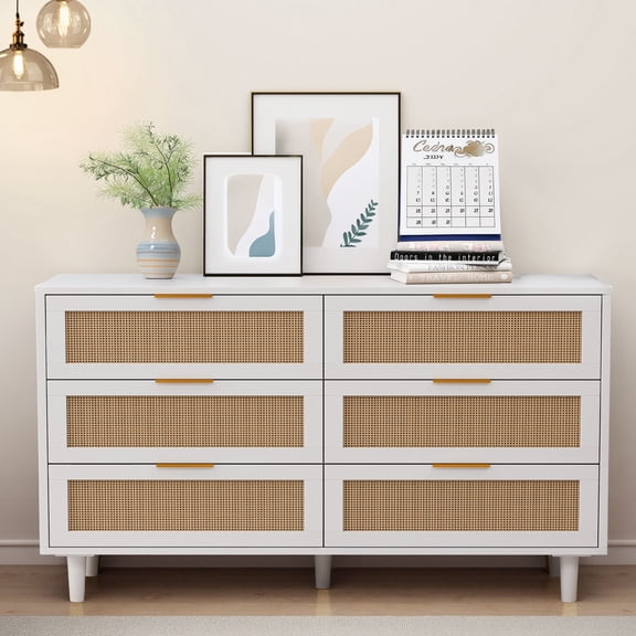 FFZ 51.18 inch 6-Drawer Rattan Storage Cabinet with MDF Frame, White