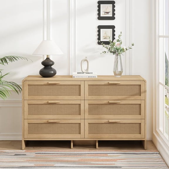 FFZ 51.18 inch Arc Shaped Corner 6-Drawer Rattan Storage Cabinet For Living Room Bedroom Kitchen Natural