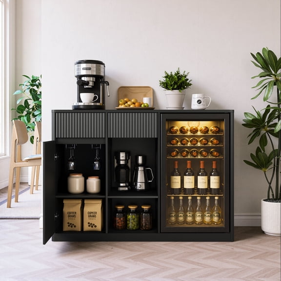 FFZ 51.2" Fluted Bar Cabinet with Fridge Space, Charging Hub and Wine Glass Rack, Black