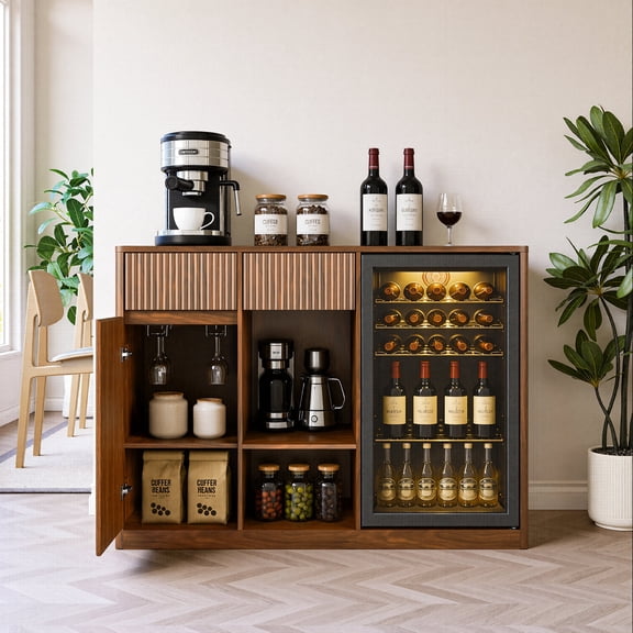 FFZ 51.2" Fluted Bar Cabinet with Fridge Space, Charging Hub and Wine Rack, Walnut