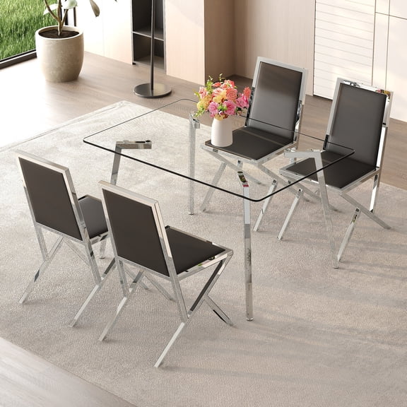 FFZ 51" Tempered Glass Dining Table Set with 4 Chairs, Modern Light Luxury, Black+Silver