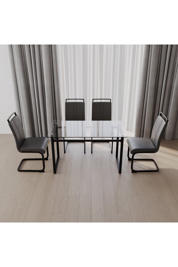 51 inch Dining Table Set for 4 with Black Metal Legs and PU Chairs, Transparent