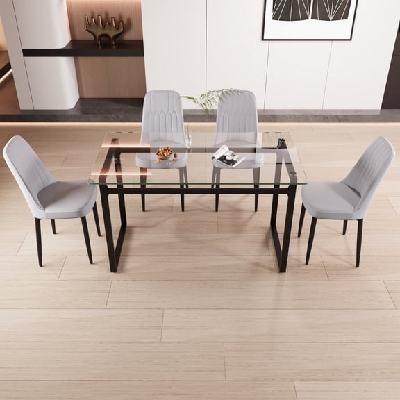 FFZ 51 inch Rectangular Dining Table Set with 4 PU Chairs and Tempered Glass Top, Black+ Gray