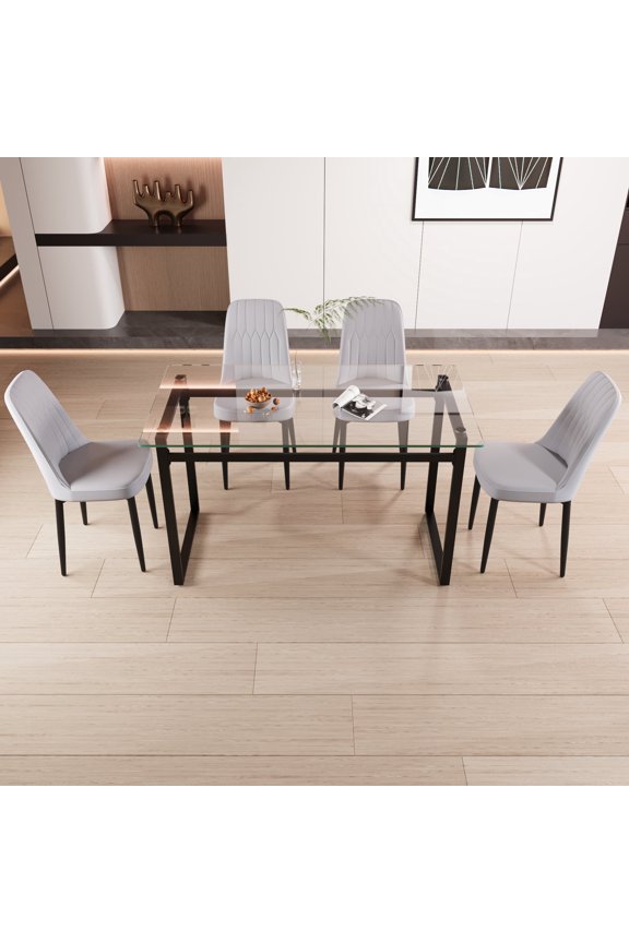 51 inch Rectangular Dining Table Set with 4 PU Chairs and Tempered Glass Top, Black+ Gray