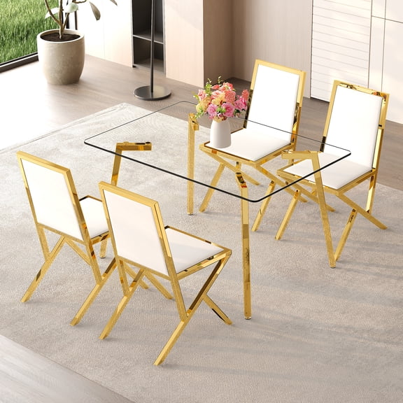 FFZ 51x31.5 inch Modern Light Luxury Tempered Glass Kitchen Dining Table With 4 PU Chairs, White