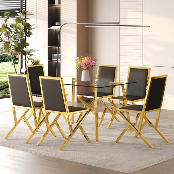 FFZ 51x31.5 inch Modern Light Luxury Tempered Glass Kitchen Dining Table With 6 PU Chairs, Black