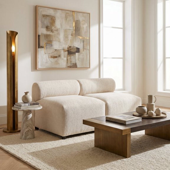 FFZ 52"L 2-Piece Modular Sectional Sofa with Round Back Design and Solid Wood Frame, Beige
