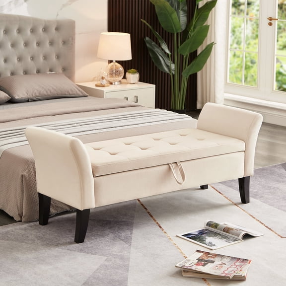 FFZ 52"L Storage Bench with Curved Arms and Velvet Upholstery, Beige