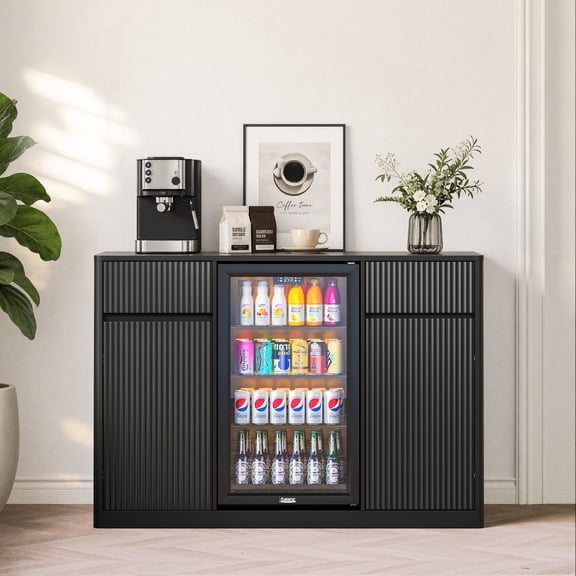 FFZ 53.2" Fluted Bar Cabinet with Fridge Space, Charging Hub and Wine Glass Rack, Black