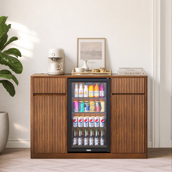 FFZ 53.2" Fluted Bar Cabinet with Fridge Space, Charging Hub and Wine Glass Rack, Walnut