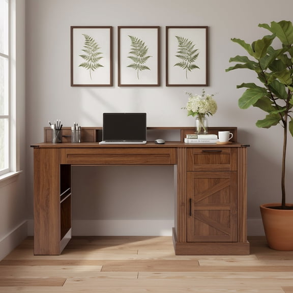 FFZ 55 inch Farmhouse Office Desk with Barn Door Cabinet, Keyboard Tray and Monitor Stand, Dark Walnut