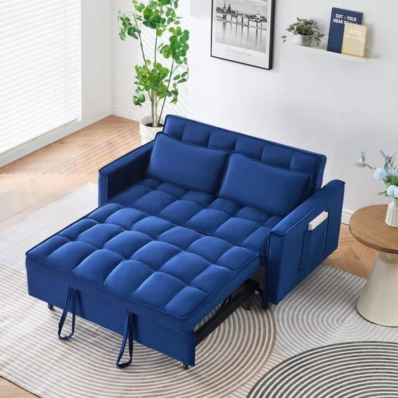 FFZ 55-Inch Dreamlike Blue Velvet Sofa Elegant Convenient Pockets Three-In-One Conversion For Living Room Bedroom Apartment