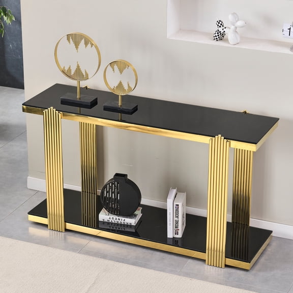 FFZ 55"L 55 Inch Mirrored Console Table with Gold Frame and Tempered Glass Top, Gold+Black