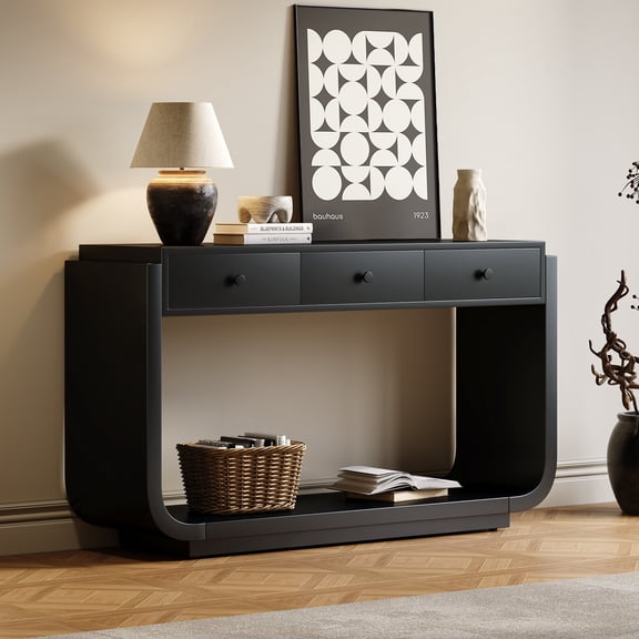FFZ 55"L Classic-Style Console Table with 3 Drawers, Display Shelf and Curved Legs, Black