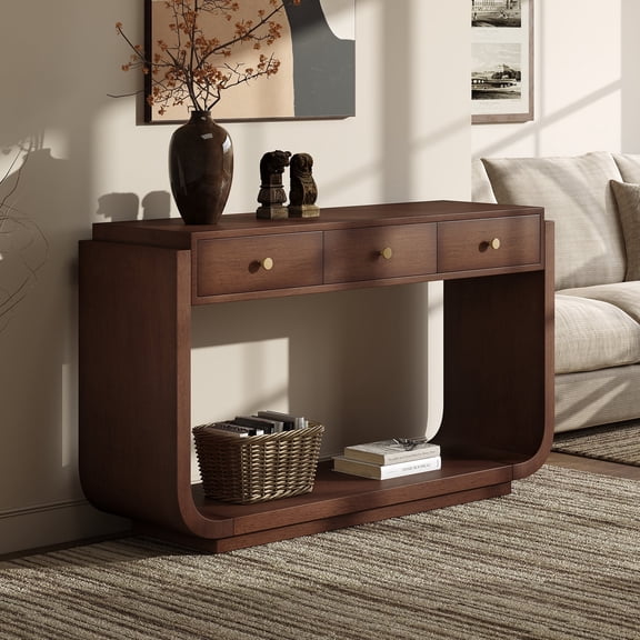 FFZ 55"L Classic-Style Console Table with 3 Drawers, Display Shelf and Curved Legs, Walnut