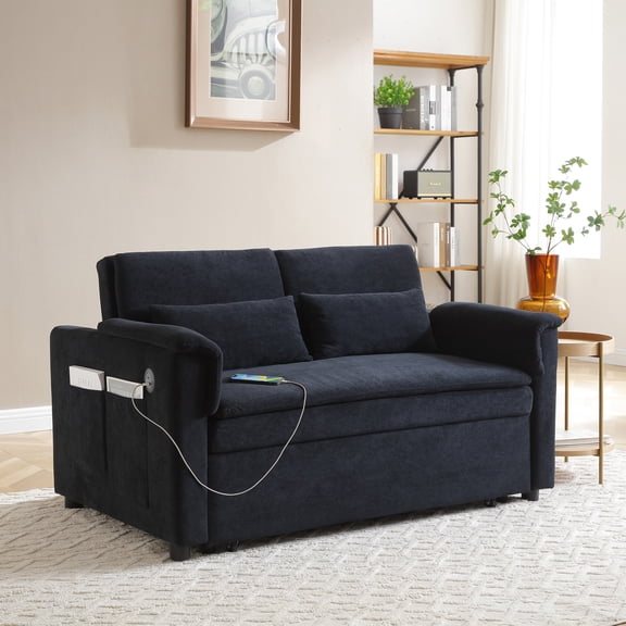 FFZ 55" Velvet 2-Seater Pull-Out Sofa Bed with USB Ports, Side Pockets, Adjustable Backrest, Black
