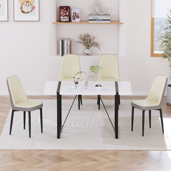 FFZ 55 inch Modern MDF Kitchen Dining Table Set 4 Padded PU Chairs Industrial Rectangular Desktop Black Metal Legs, White