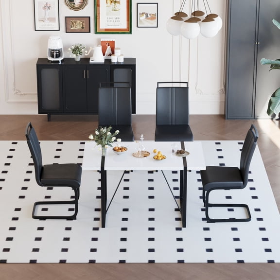 FFZ 55 inch Rectangular Dining Table Set with 4 PU Chairs, Black White