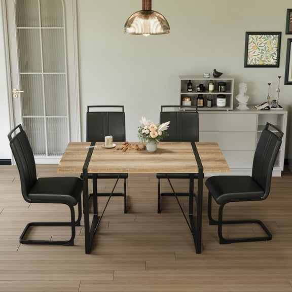 FFZ 55 inch Rectangular Dining Table and 4 PU Armless Chairs Set, Modern Industrial Style, Wood
