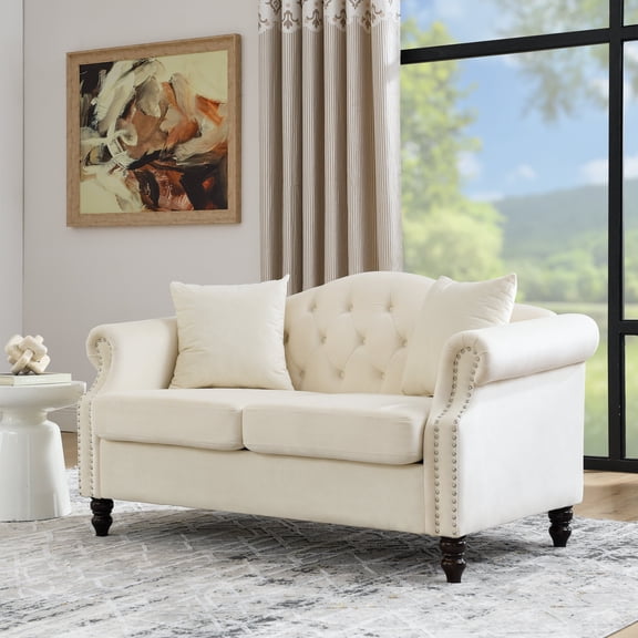 FFZ 57 inch Chesterfield Sofa with Rolled Arms, Nailhead Trim and Velvet Upholstery, Beige
