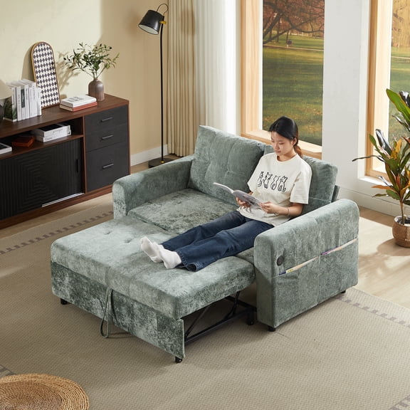 FFZ 58.27 inch Loveseat Sofa Bed with Adjustable Backrest, USB Ports and Lumbar Pillows, Antique Green