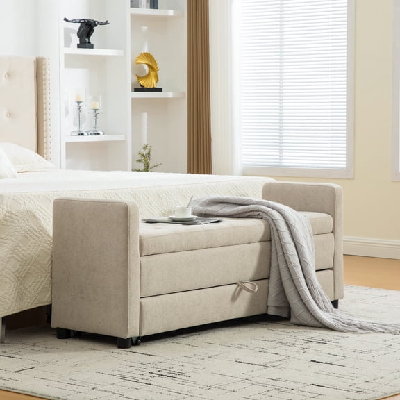 FFZ 58.27 inch Upholstered Storage Bench with Rolled Armrests and Double Storage, Griege
