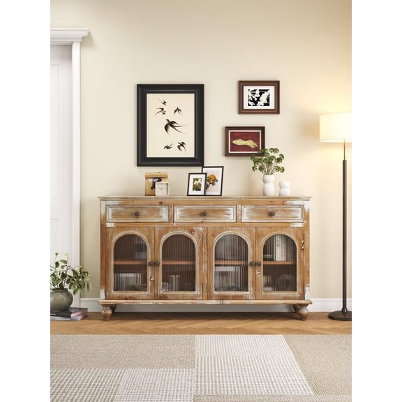 FFZ 59.06" Farmhouse Sideboard Buffet Cabinet Distressed Wood Credenza 3 Drawers Antique Brown