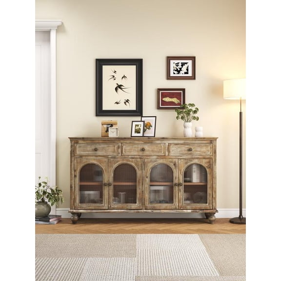FFZ 59.06" Farmhouse Sideboard Buffet Cabinet Distressed Wood Credenza 3 Drawers Natural Brown