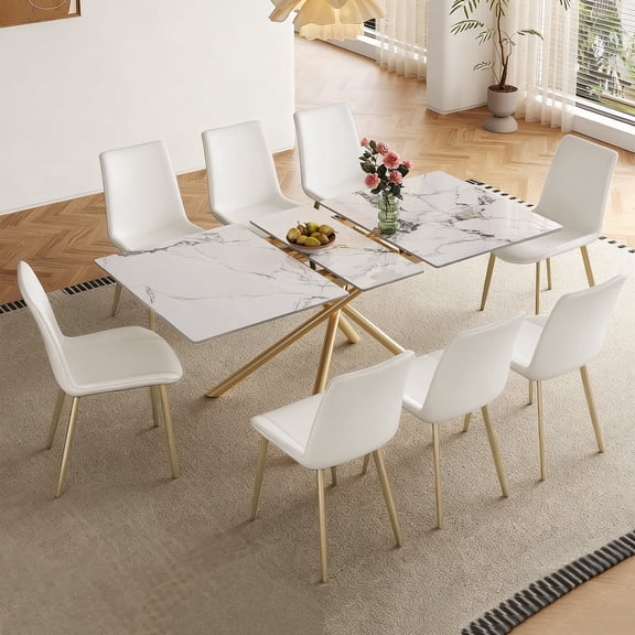 FFZ 59" Expandable Dining Table with Charred Stone Top & Gold X-Base, 8 Person Set with 8 White, Gold+white
