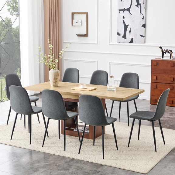 FFZ 8-Piece Dining Table and Chair Set with 59-71 inch Pull-Out Table, Dark Gray Linen-Cotton Chairs, Black