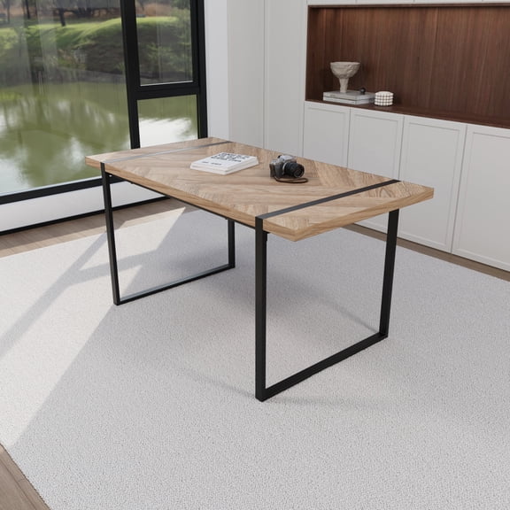 FFZ 59 inch Modern Industrial Dining Table with MDF Top and Metal Legs, Seats 4-6, Natural Wood