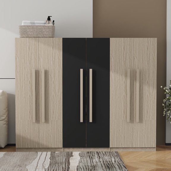 FFZ 6-Door Wooden Wardrobe with 2 Drawers and 3 Hanging Rails, 82.6 x 19.8 x 67.5 inch, Black+natural