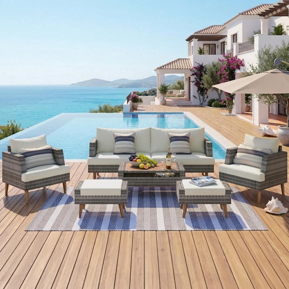 FFZ 6-Piece All-Weather PE Wicker Sofa Set with Double Cushions and Wood Legs, Gray+Beige