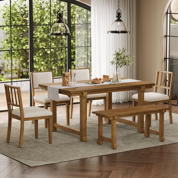 FFZ 6-Piece Farmhouse Dining Set with Solid Wood Legs and Dual-Style Chairs, Beige