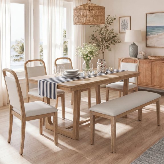 FFZ 6-Piece Farmhouse Dining Table Set with 4 Upholstered Chairs and Bench, Natural