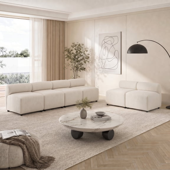 FFZ 6-Piece Modular Sectional Chenille Sofa with Round-Back Design, Solid Wood Frame, Beige
