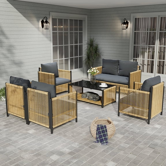 FFZ 6-Piece PE Wicker Patio Sofa Set with Grey Cushions, Black Brown